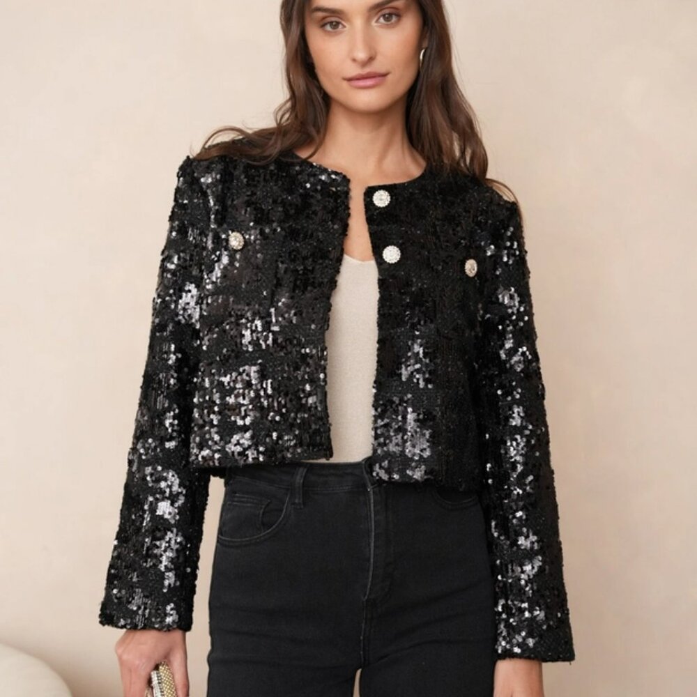 CHOKLATE PARIS - STUNNING BLACK SEQUIN CROPPED BOLERO VEST - Picture 4 of 4